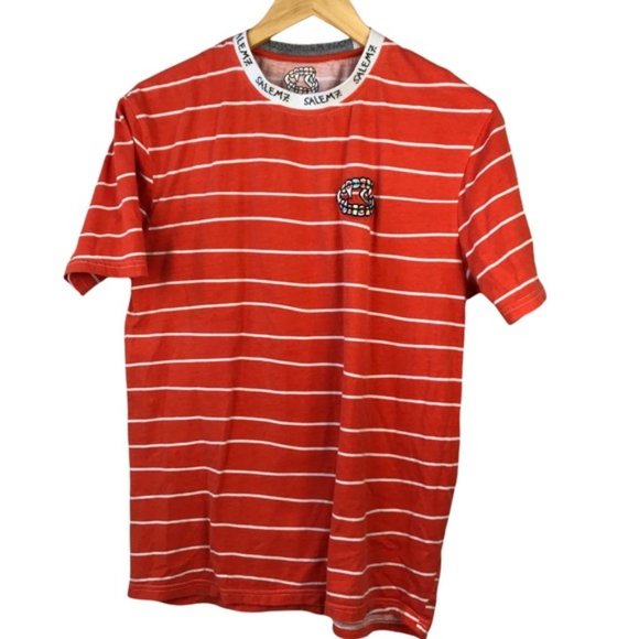 Salem7 Men's Short Sleeve White Orange Striped Embroidered Fangz T-Shirt - Picture 7 of 7